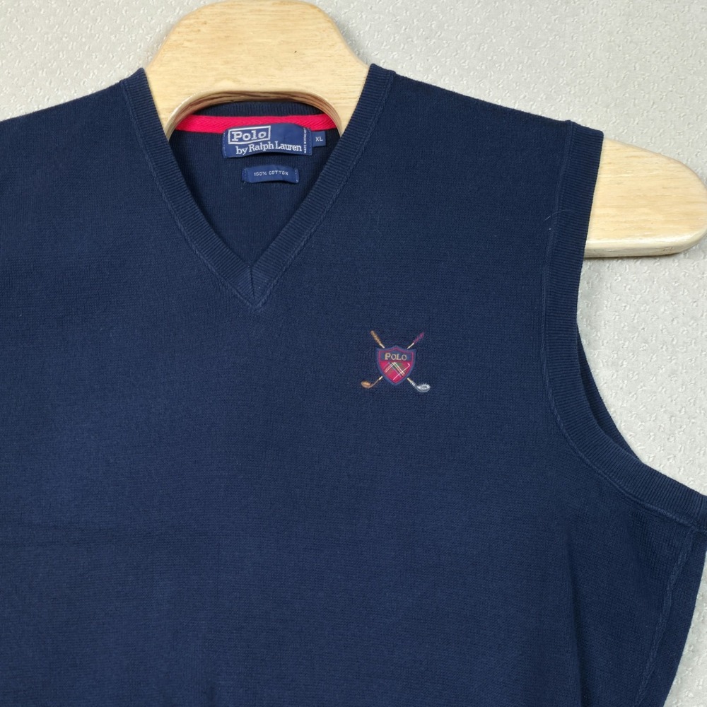VTG Polo Ralph Lauren Sweater Vest Men's XL Navy Blue Golf Crest Logo 90s Preppy